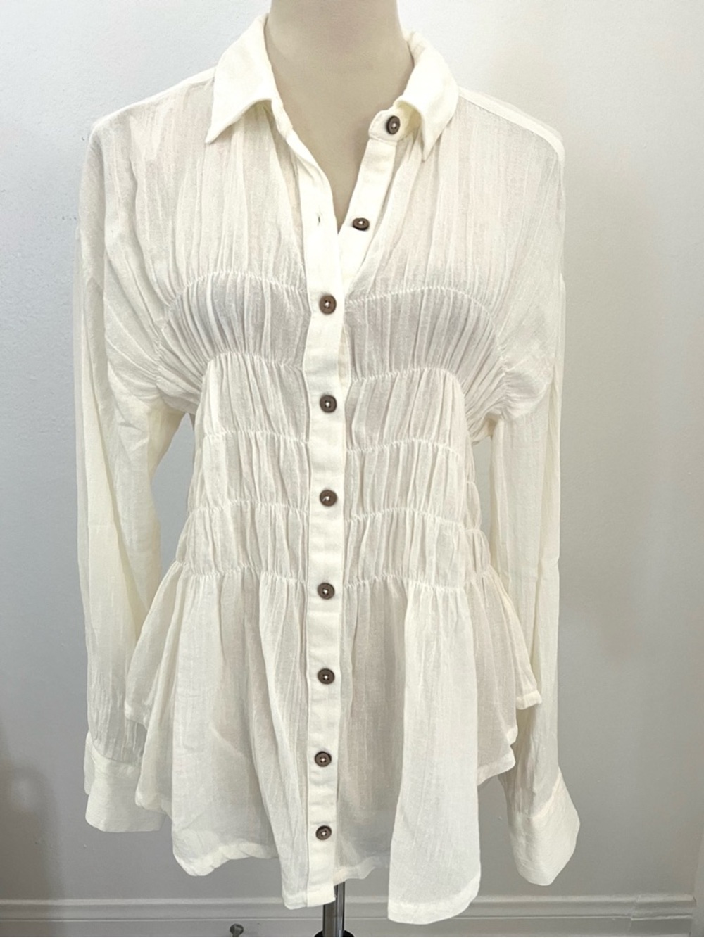 FREE PEOPLE Free-est Kota Smocked Skirt Botton Down Blouse Ivory Size Small